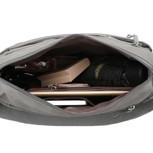 Large gray nylon crossbody bag with spacious multi-layer compartments and interior zip pocket