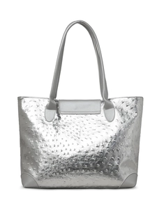 Detail of silver tote bag showing ostrich embossed texture and reinforced bottom corners