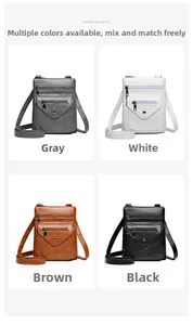Detailed view of four small crossbody phone bags in grey, white, brown, and black colors