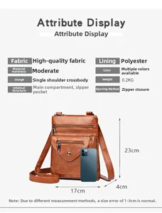 Detailed size chart for brown retro PU leather crossbody bag with multiple zipper pockets