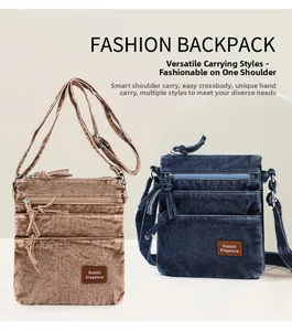Detail view of multi-pocket denim bucket crossbody bag with adjustable strap and zip layers