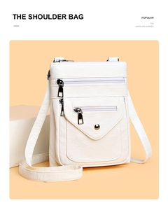 Detail of white lychee pattern faux leather crossbody bag with dual zipper pockets