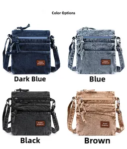 Washed denim crossbody bag colors in dark blue, blue, black, and brown with zippers