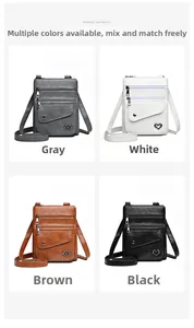 Detailed grid showing small crossbody bags in grey, white, brown and black with heart buckles