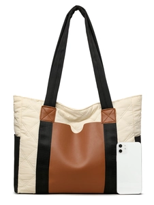 Quilted nylon tote bag in cream white with brown leather pocket and large capacity