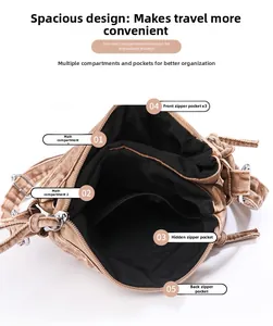 Detail of crossbody bag with multiple storage compartments and five layered zipper pockets
