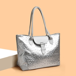 Silver metallic tote bag with ostrich embossed texture and long shoulder straps