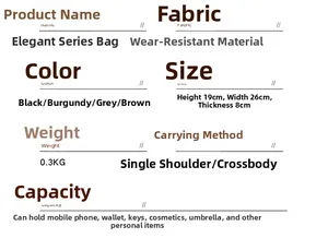 Spécifications de taille pour sac bandoulière décontracté de 19x26x8cm et poids 0,3kg