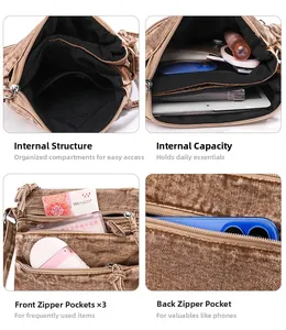 Detailed interior and exterior views of a washed denim bucket bag with multiple pockets