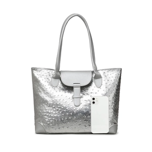 Silver ostrich texture large tote bag for women with flap buckle and shoulder straps