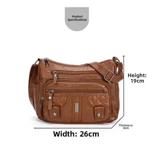 Brown washed leather crossbody bag dimensions 26x19x8cm with quilted pockets