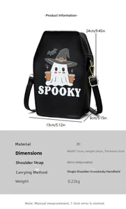 Detailed view of coffin-shaped crossbody bag with spooky ghost print and size dimensions