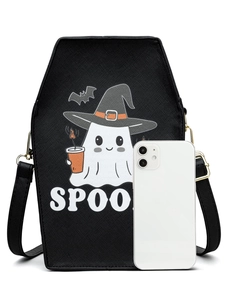 Macro shot of coffin-shaped cross-body bag with spooky ghost and bat prints