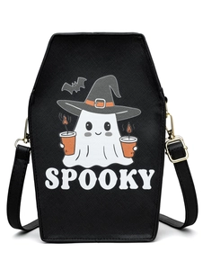 Macro detail of coffin-shaped bag featuring Spooky ghost print and gold hardware