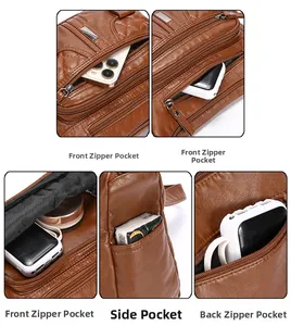 Detail view of large capacity brown leather crossbody bag with multiple zip pockets