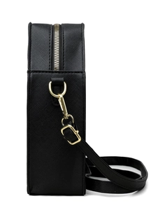 Side view of black Saffiano leather crossbody bag with premium gold metal hardware