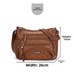Detailed view of brown washed leather shoulder bag with multi-zipper pockets and size info