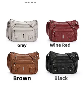 Detail of multi-pocket soft leather crossbody bags in grey, burgundy, brown, and black colors