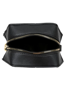 Detail view of black Saffiano textured mini bag showing golden zipper and spacious interior