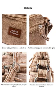 Close-up of brown distressed denim bag with leather brand tag and metal hardware details