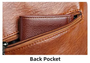 Close-up of the back zipper pocket on brown lychee grain leather crossbody phone bag