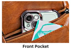 Detailed close-up of front zipper pocket on brown leather bag with phone and card storage