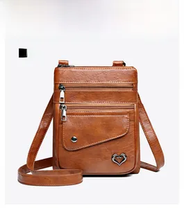 Front view of vintage brown leather crossbody phone bag with multi-layer zipper pockets