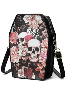 Gothic coffin-shaped crossbody bag featuring skull and rose print with gold hardware