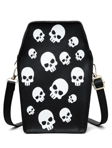 Close-up of litchi-grain faux leather and skull print on coffin-shaped crossbody bag