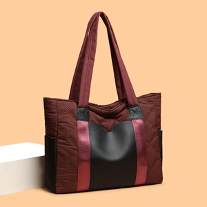 Quilted Tote Bag Large Capacity Nylon Fabric Contrast Color Shoulder Handbag For Women Casual Fashion