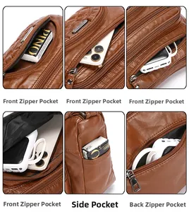 Detail view of brown quilted leather crossbody bag with multiple zipper compartments
