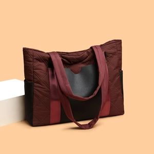 Quilted nylon tote bag in burgundy and black with large capacity and side pockets