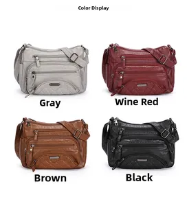 Multi-zipper crossbody bags shown in grey, burgundy, brown, and black soft faux leather