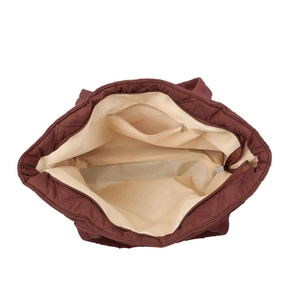 Deep brown quilted nylon tote bag with spacious interior and zipper pocket detail