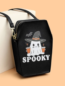 Detailed view of coffin-shaped Halloween crossbody bag with ghost and Spooky print