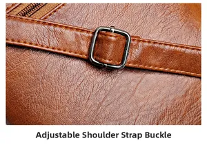 Macro shot of adjustable silver metal buckle and textured brown leather on shoulder strap