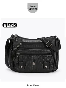 Detailed front view of black multi-pocket PU leather crossbody bag with quilted stitching