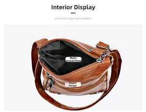 Detail view of the interior compartments and zip pockets in a brown leather crossbody bag