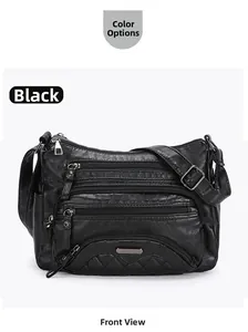 Front view of black soft PU leather crossbody bag with multi-zipper compartments