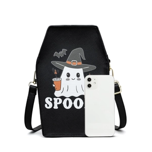 Black coffin-shaped crossbody bag with spooky ghost print and adjustable shoulder strap