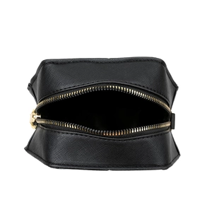 Graffiti skull print crossbody camera bag in black saffiano leather with gold zipper