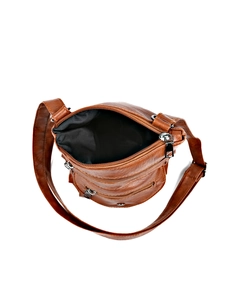 Brown vintage leather crossbody bag with multiple zip pockets and long shoulder strap