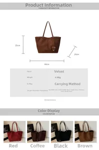 Detailed size chart for large velvet tote bag with precise dimensions and weight specs