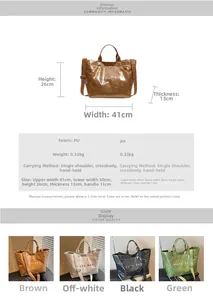 Detailed size chart for the large PU leather tote bag with dimensions and color options