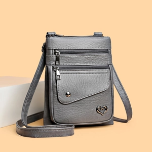 Women Crossbody Bag PU Leather Lychee Pattern Multi Pocket Zipper Shoulder Bag Heart Metal Ornament Casual Fashionable Retro