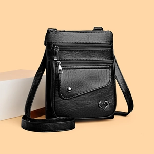 Vintage black crossbody phone bag with multi-zipper pockets and heart metal buckle