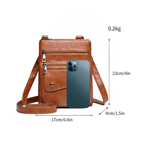Brown litchi texture crossbody phone bag with multiple zippers and adjustable strap