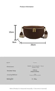 Brown frosted crescent fanny pack with geometric strap showing detailed size measurements
