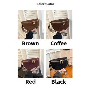 Minimalist faux suede moon bag in four retro colors with a woven shoulder strap