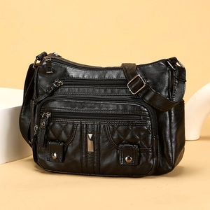 Classic black washed leather crossbody bag with multi-zipper pockets and silver hardware